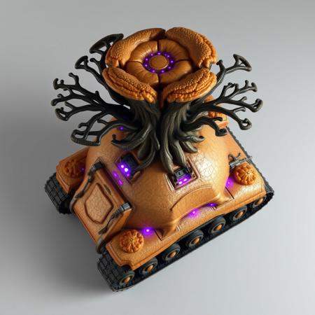 ((top view)), (tank),
Tall tank with fungal tower rising from the center and spreading cap-like armor out over the body.
Chassis: Coral-like chitin plating, semi-organic with branching root textures. Slight iridescence in shifting light.
Tracks: Short, stocky treads with fungal lattice stabilizers over each corner.
Details: Central tower leaks bio-mist during idle. Crust-like armor plates pulse faintly as mycelial network reconfigures.
Lights: Purple luminescence from fungal nodes. Spore lamps blink in repeating bio-patterns.
