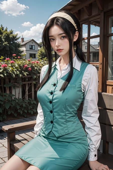 <lora:Yor(Office_Lady)0.85>, yor_briar, 1girl, white hairband, ((twintails, sidelocks)), black hair, ((red eyes)), green vest, white shirt, long sleeves, green pencil skirt, thighs, upper body, sitting on the bench, (cowboy shot,realistic, photorealistic), (masterpiece, best quality, high quality), (colorful),(delicate eyes and face), volumatic light, ray tracing, extremely detailed CG unity 8k wallpaper,outdoors, town, (flowers), green plants, houses, paths, blue sky, clouds