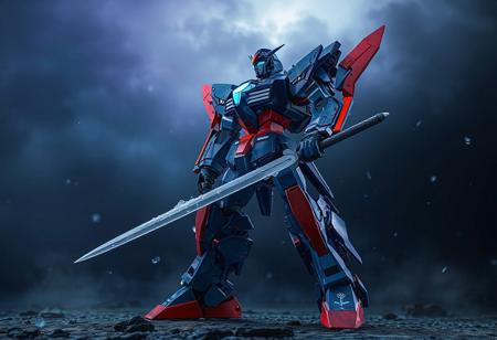 The image features a Dark Strike Fighter robot, standing in a dynamic pose against a Return from the Different Dimension background. The robot, primarily blue with red and orange accents, is prepared for action with its Metalmorph arms extended and legs bent at the knees. Its head is slightly turned, gazing into the distance with glowing blue eyes. Holding a Snowfall Sword, the robot's stance is further enhanced with a sense of solitude and readiness. The image is a high-resolution, 4K representation of exceptional quality, highlighting vivid colors and sharp details.