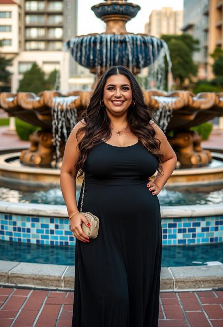masterpiece portrait of a radiant woman with long dark wavy hair::1.4, candid photography style::1.2, naturalistic portrait art::1.1, (physical description: full-figured woman, long dark brown wavy hair cascading over shoulders, standing tall and confident:1.1), (facial features, expression: warm and genuine smile, kind brown eyes, pleasant and relaxed expression:1.0), (clothing details: elegant sleeveless black maxi dress with a scoop neck, simple yet flowing fabric:1.0), (accessories: small light-colored cross-body purse, white strap sandals, subtle necklace, red stud earrings:0.9), (background setting: grand tiered stone fountain with vibrant blue mosaic tiles and cascading water, red brick basin, terracotta tiled walkway, hints of lush greenery and modern buildings:0.9), (lighting style: soft ambient daylight, golden hour glow, gentle and even illumination, no harsh shadows:0.8), (composition and camera framing: full-body portrait, subject centrally positioned with one hand on hip, dynamic fountain backdrop, eye-level perspective:1.0), (emotional tone or theme: serene, joyful, confident, summery evening atmosphere:0.9), (technical execution: crisp focus, rich color palette, sharp details, inviting depth of field:0.8).
