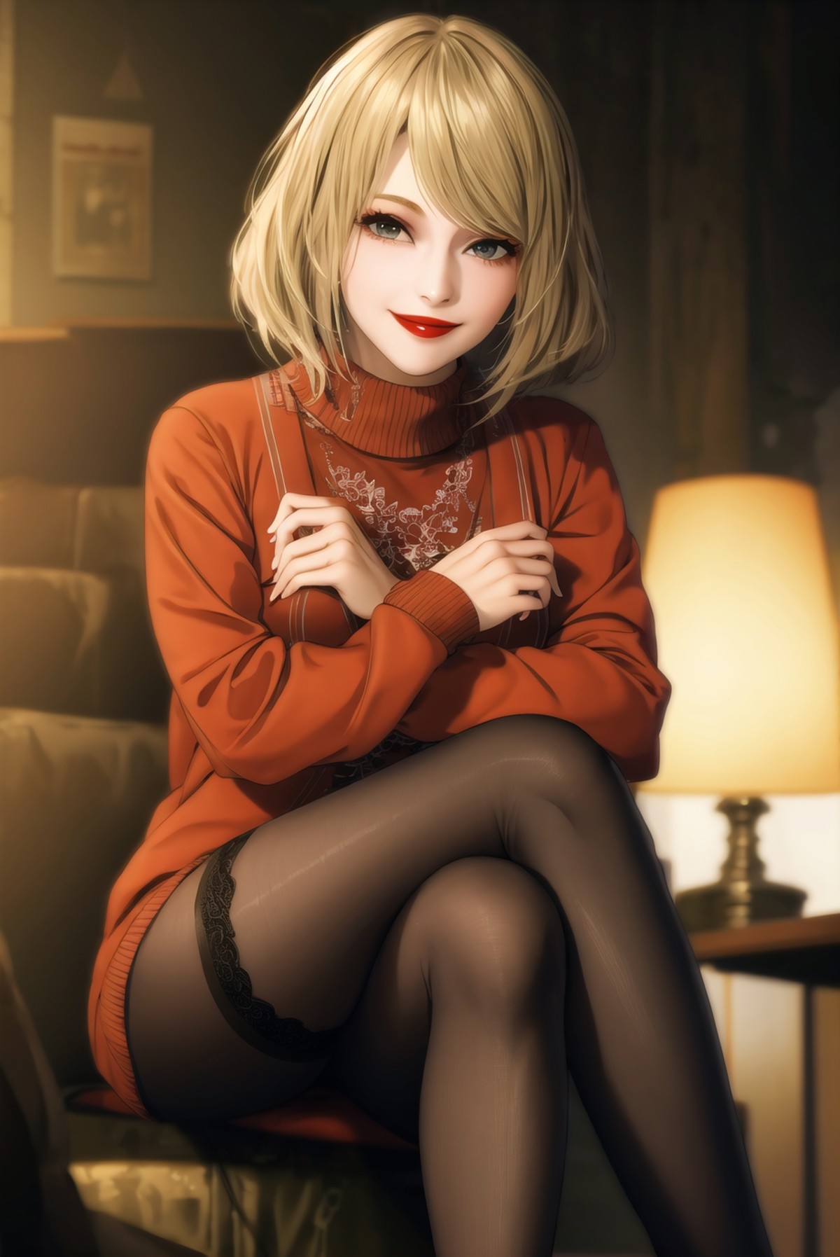 1girl, ashley-re4, blonde hair,looking at viewer,crossed legs,cowboy shot,sitting,red lips,smile,lace-trimmed legwear,sweater