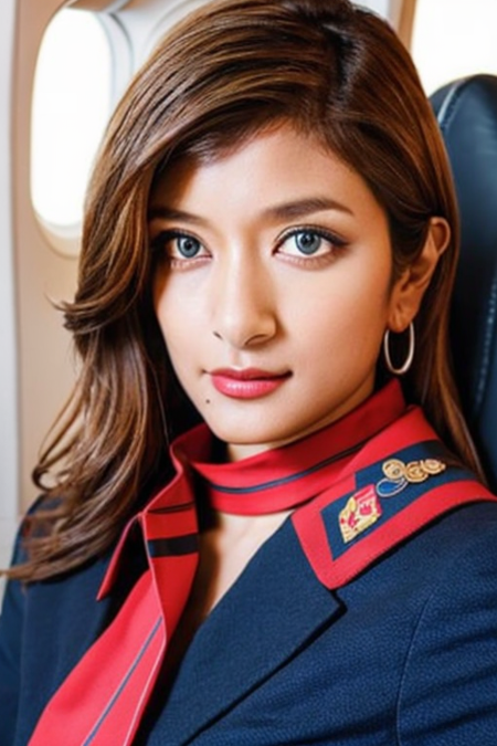 jal uniform,a woman in a uniform and red neck scarf,(RAW photo, best quality), (realistic, photo-realistic:1.4), masterpiece, an extremely delicate and beautiful, extremely detailed, 2k wallpaper, Amazing, finely detail, extremely detailed CG unity 8k wallpaper, ultra-detailed, highres, soft light, beautiful detailed girl, extremely detailed eyes and face, beautiful detailed nose, beautiful detailed eyes,inside an aeroplane interior,perfect anatomy,soft light,slender body,standing,