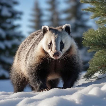 very realistic photograph close-up of a badger  in the snow, forest background of pine, fir and white spruce and birch, blue sky with cirrus cloud and slightly hidden sun