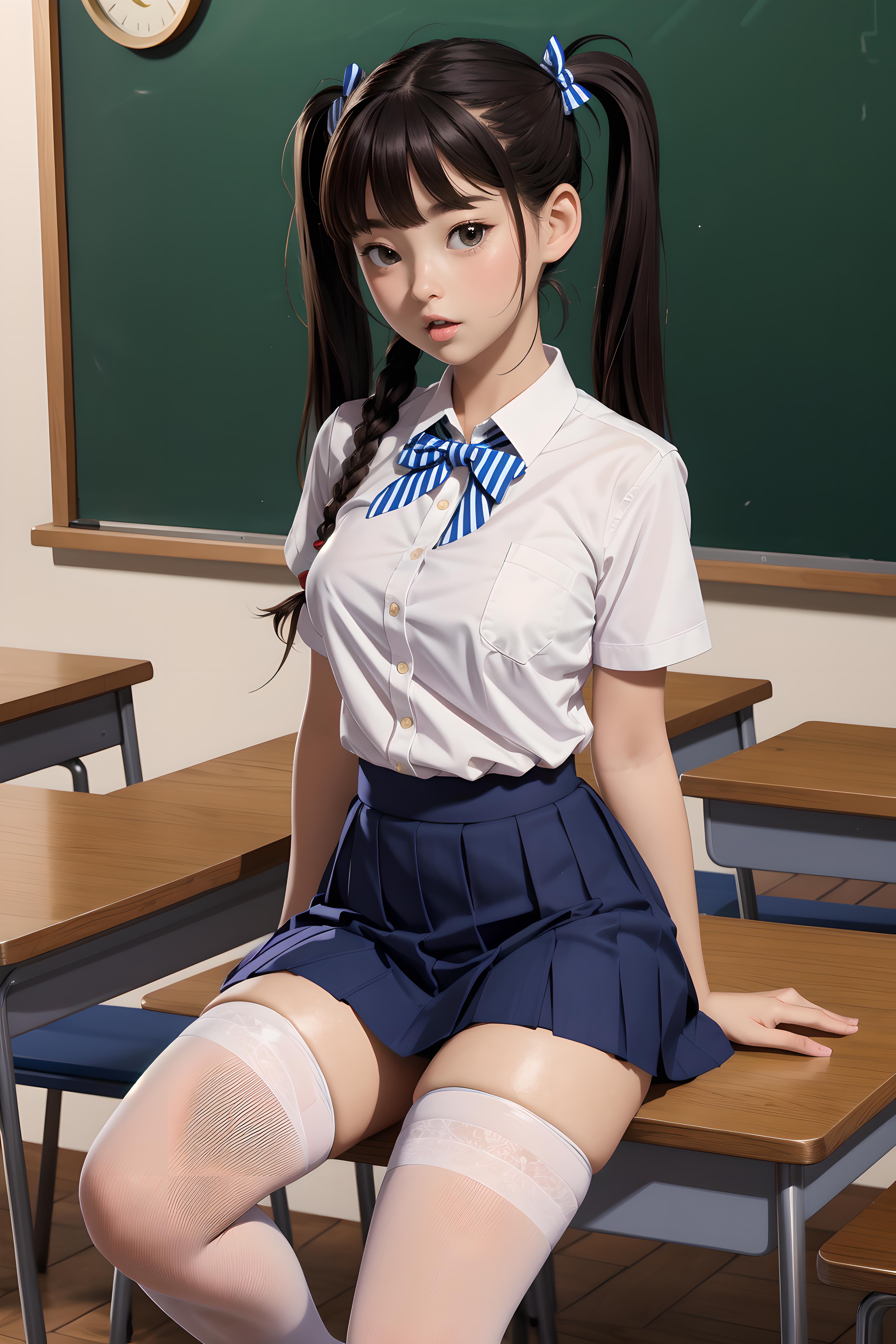 Anime-style girl sitting on a chair in a classroom.