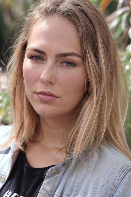 raw, magazine cover, close up photo of a stunningly beautiful blonde woman, stunning eyes, vogue, perfect face, upper body, head shot, jean jacket, pink shirt, in a botanical garden, 8k, uhd, masterpiece, fujifilm xt3