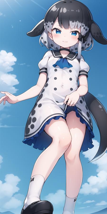 narwhal_(kemono_friends), narwhal_fins, narwhal_Default, (from below:1.05), standing, sailor_dress, sailor_collar, black_choker, puffy_short_sleeves, bow, frilled_dress, white_dress, frills, narwhal_tail, narwhal_fins, short_hair_with_long_locks, side_ponytail, black_hair_bow, short_hair, multicolored_hair, grey_hair, black_hair, white_hair, blue_eyes, white socks, black footwear, 1girl, solo, looking_at_viewer, 
 <lora:narwhal_(kemono_friends)_v2.1:0.65>