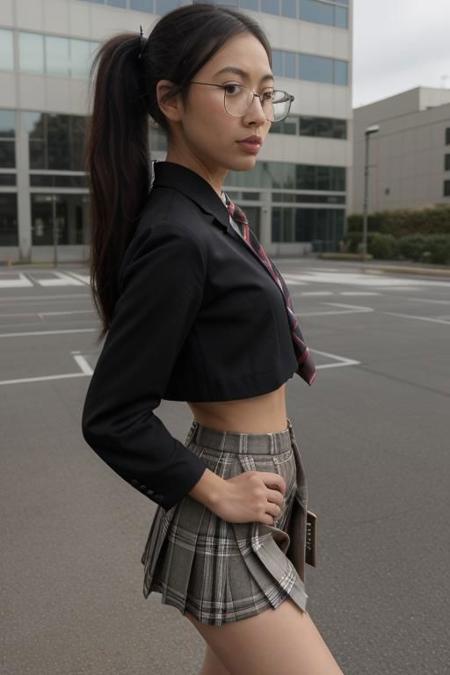 japaneese girl in the office, walking on parking lot
, very long legs, extremely small micro plaid skirt, high leg split in skirt, ponytail, Slim body, fine tune face, unbuttoned jacket, black pubic hair , view from below ,crop top, necktie, glasses