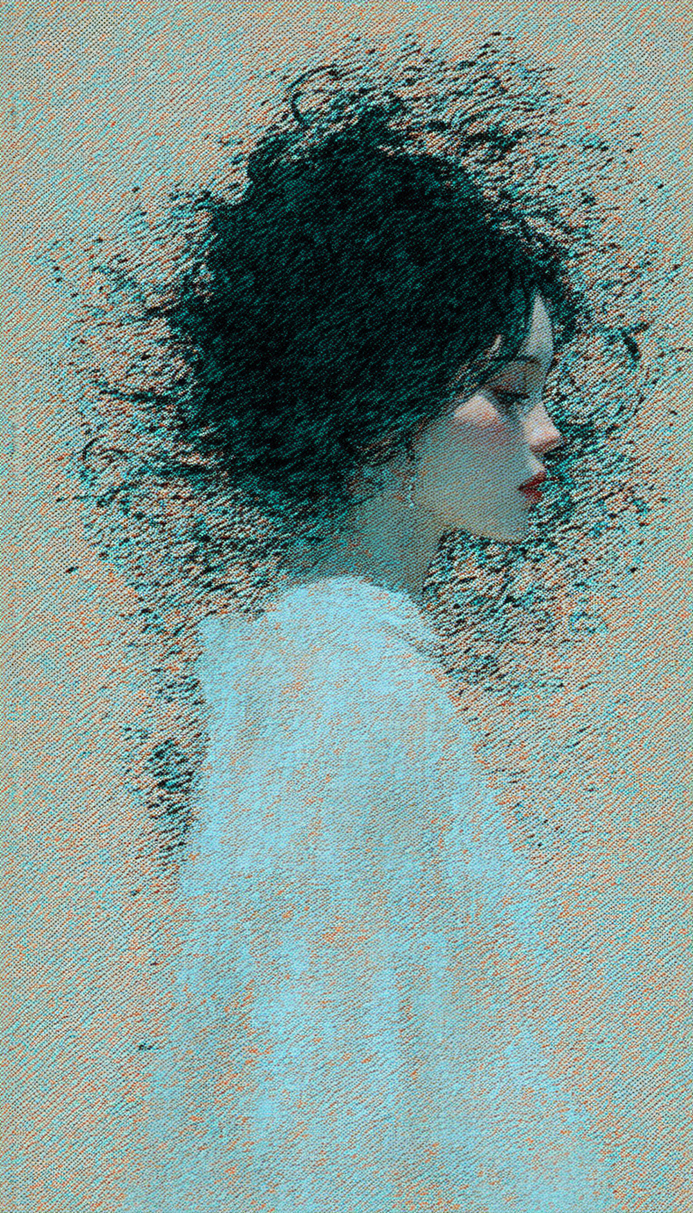 A person's head and upper shoulders rendered in a noisy hatching style, facing the right side of the frame. The subject has red lips, pale skin, and dark hair that extends erratically outward from their head, creating a distinctive silhouette against the textured blue and orange background. The color palette consists primarily of blue and teal tones, with orange and reddish accents throughout the background. 