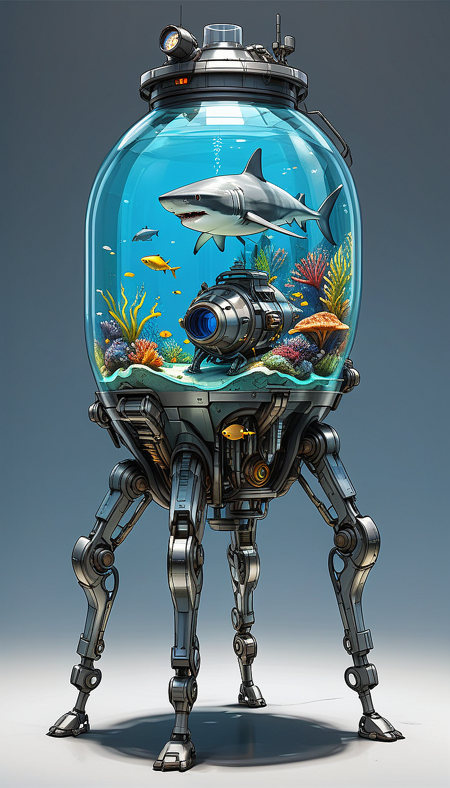 (cel-shading:2)+, (in ARTIST style:1.6), (masterpiece:1.7),
clear image, accurate picture, clear picture, precise image, focused image, Science fiction style, Science fiction,
(aquarium with shark) on mechanical legs, science fiction, aquarium on mechanical legs focus, simple background, mecha
comic style, (ultra sharp focus:2), (thin lines:2),
(best quality:1.8),
<lora:Apparatus_-_Traction_City_Walkers_Vehicles:0.8>,