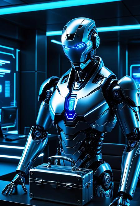 cyberpunk, humanoid robot, executive man, dual identity, futuristic setting, high-tech weapons, neon blue lighting, cinematic contrast, sleek metallic textures, briefcase, divided environment, corporate office, advanced robotics, cybernetic transformation, moody atmosphere, high detail, narrative depth, AI and human fusion, cinematic storytelling, dystopian aesthetics