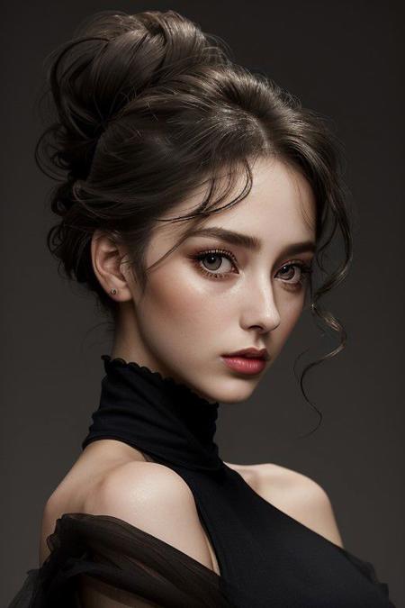 A detailed portrait of a young woman exuding elegance and natural grace. She has a voluminous updo hairstyle with wisps of hair tenderly framing her face. Her hazel eyes are accentuated by tasteful makeup, s. She wears a high-necked black top, suggesting a blend of casual refinement. The lighting should illuminate her face against a subdued background, emphasizing her calm and confident expression. High Fashion, dynamic, dramatic, elegant, High fashion supermodel, avant garde style
fFaceDetaile