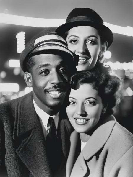 <lyco:Weegee:1.0> lovers pose for a weegee style photograph on coney island