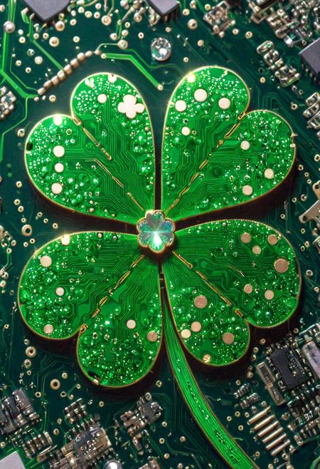 close up of clover circuit board, 
iridescent, (pcb woven design:1.1), cosmic,
ShamrockWorld, clover, four-leaf clover, light particles, bow, striped, bowtie, green gems,
reflection, close-up, cyberpunk