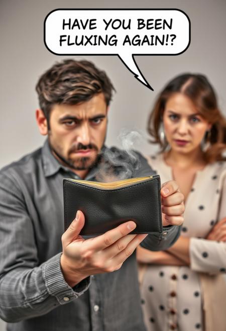 A photograph of a sad man with holding his opened empty wallet with a small dust cloud billowing from within the wallet, his angry wife is standing beside him while looking at him furiously with a speech bubble above her saying, "HAVE YOU BEEN FLUXING AGAIN!!??