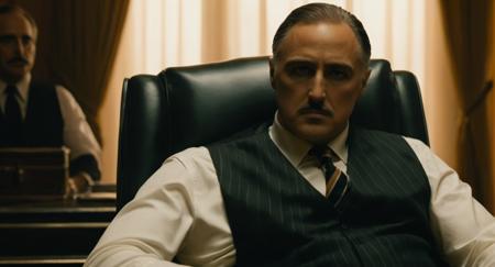 UHD, 4k, ultra detailed, cinematic, a photograph of  <lora:The Godfather Style:1.2> Cinematic Film Look
a man sitting in a chair with a tie on The Godfather Style, epic, beautiful lighting, inpsiring