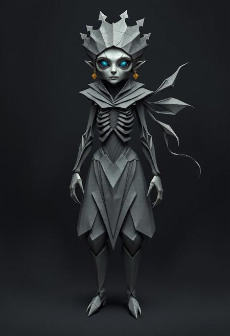 score_9, score_8_up, score_7_up, CuteCartoonStyle, 1girl, solo, female focus, ASubject: Full-body origami-inspired elderly figure with a dark, haunting twist
Design Style: Faceted and angular, entirely made of folded paper, blending aged humanity with eerie abstraction
Head: Sharp, angular, cracked parchment-like face. Hollow, glowing blue-gray eyes exude sorrow and spectral energy
Torso: Hunched with layered dark gray folds resembling a ribbed, skeletal structure. Fragile yet unsettlingly strong
Arms: Long, jagged arms with claw-like fingers made of sharp folds. Subtle gold remnants suggest decayed elegance
Legs: Spindly and angular, tapering into pointed, bird-like feet. Balanced but creeping in appearance
Extensions: Fragmented crown-like headdress and flowing, torn paper strands replacing hair, creating a spectral aura
Accessories: Faded gold origami-like earrings or embellishments, dulled with age
Background: Minimalist smoky gradient with dark shadows highlighting the figure’s sharp edges and fragile texture
Mood: Haunting yet dignified, evoking sorrow, resilience, and decay
Atmosphere: Gothic and surreal, blending beauty and decay into a tragic, paper-like specter of time.