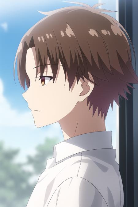 ayanokouji kiyotaka, 1boy, solo, male focus, brown hair, brown eyes, white shirt, closed mouth, from side, window, upper body, day, sky, blurry background