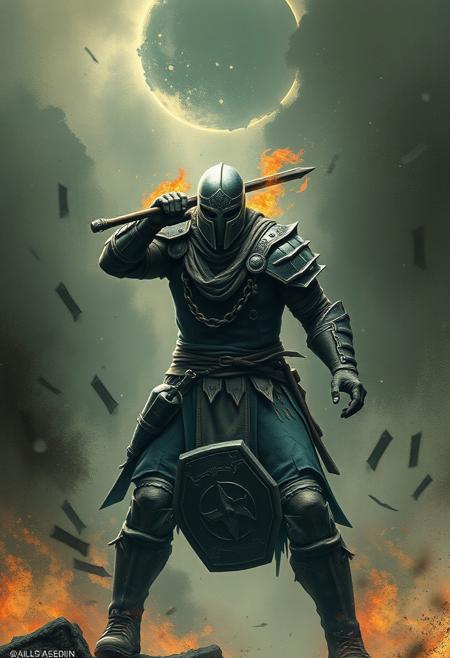 epic warrior, war torn background, epic quality