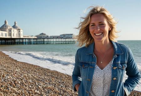 Brighton – Coastal Ease**  
*An 8K editorial shot of the blonde 40-year-old woman, her hair tousled by sea breeze as she stands barefoot on Brighton's pebbles. The denim jacket over her Breton top shows salt-air weathering, complementing her sun-freckled arms and laugh-lined eyes. Brighton Pier's ironwork stretches into the distance behind her, captured with a 28mm f/8 lens to emphasize both subject and seaside context. Late afternoon "diamond light" bouncing off waves illuminates her naturally textured skin (no makeup), while polarizing filters deepen the beach huts' candy colors. Perfect for Conde Nast Traveller's relaxed luxury style.*photography , editorial photo,  realistic , natural light,  highly detailed
---