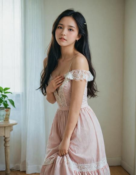 (17-years-old girl:1.5), posing (very submissive:1.3), standing, supporting head on hands, cute face, temptations look,
deep v top, ((victorian long dress, victorian long skirt)), ([japanese:korea:0.7] girl),
raw photo, (realistic:1.25), (full body:1.5), (medium breasts), living room,
professional photo of a petite girl (wearing sexy victorian dress:1.2),
(shy, in love, in love expression:0.74), (triangle shape face:0.36), (black hair:1.2, long hair),
(rim light from bottom-right:0.96), <lora:hinaTuningFaceDetailer_SDXL-v2-rank256:0.7>