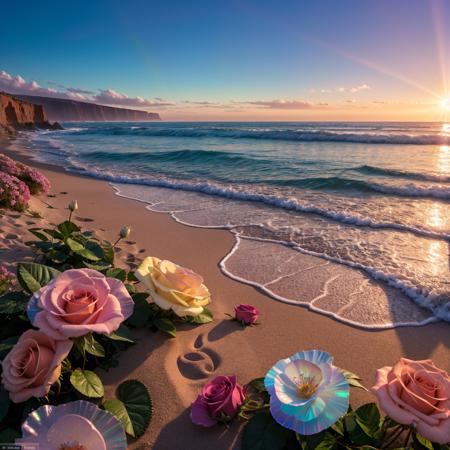 gorgeous beach, fantasy inside, roses, steam, sunrays, masterpiece, best quality, ultra high res, RAW, beautiful beach view, Mirleft, splashing rainbows, waves crashing, sand, foam, opalescent, (Photoluminescence water), bioluminescence, opal gems, agates, ((floating flowers)), clear, Cinematic RAW photo, hyper real photo, ultrarealistic, 8k uhd, dslr, soft lighting, high quality, film grain, Fujifilm XT3, photographed on a Kodak Retina II Sanyo Xacti VPC-CA6, 50mm lens, Wide Angle, HDR, hyper-realistic, colorgraded, volumetric lighting, [volumetric fog, moist], shallow depth of field, reflections, photo, (sparkling), glistening, (iridescent), glimmering, clear, shimmering, mystical, enchanting, glittering, Morocco, exotic, (masterpiece) (best quality) (detailed) (8k) (HDR) (wallpaper) (cinematic lighting) (sharp focus) (intricate), romantic,