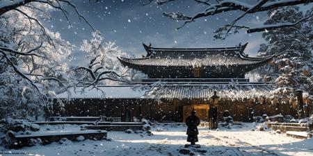 DMD, scene, scenery, snow, tree, outdoors, architecture, east asian architecture, stone lantern, stairs, bare tree, lantern, snowing, statue,