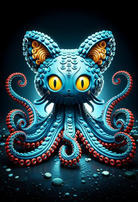 cs-l3ath3r, 
cs-l3ath3r, octocat, a mythical creature with the head of a cat and the body of an octopus, (cat head:1,6), whiskers, (cat ears:1.5), (inner fluff ears:1.3), (cat eyes:1.5), tentacles, eight tentacles, twisting tentacles, swirling tentacles, dark background, deep sea background