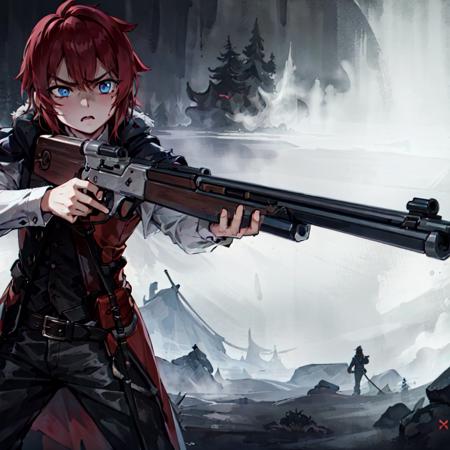 Masterpiece, high quality, (leveraction:1.2), antique firearm, 1boy, red hair, blue eyes, glowing eyes, cloak, aiming at viewer, one eye closed, detailed face, bangs, dust, smoke, fog, holding weapon, trigger discipline, dark, annoyed, angry, tall, lean <lora:leveractionrifle-AOM2:0.8>