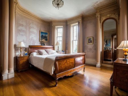 long shot scenic professional photograph of photo of a precious (richly furnished) Art Nouveau bedroom (trompe l'oeil), (wooden floor), highly detailed. sharp focus, depth of field <lora:add_detail:0.86>, RAW photo, full sharp, detailed face (high detailed skin:1.2), 8k uhd, dslr, soft lighting, high quality, film grain, Fujifilm XT3, perfect viewpoint, highly detailed, wide-angle lens, hyper realistic, with dramatic sky, polarizing filter, natural lighting, vivid colors, everything in sharp focus, HDR, UHD, 64K