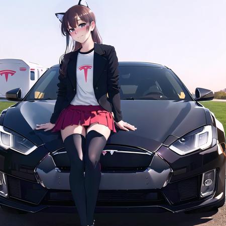 Highly detailed, High Quality, Masterpiece, beautiful, Elon-chan, red skirt, black thighhighs, black jacket, shirt, <lora:Char_Meme_Elonchan:0.9>, fancy car, tesla, <lora:Pos_SportsCarsHood:1>, solo, 1girl, cat ears,