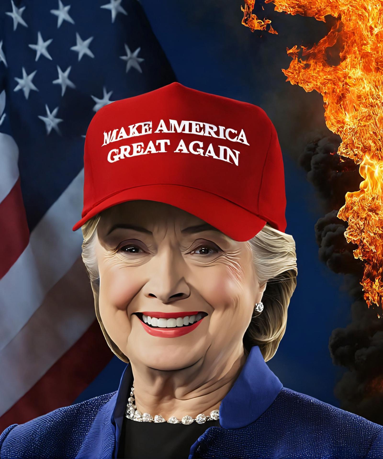 woman wearing red maga hat, upper body, fire at background, hillary clinton, horror theme , professional, photo, high qual...