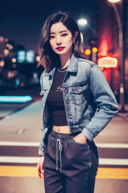 <lora:Dahyun_BRA:1>, (a picture of Dahyun, denim jacket, jogging pants, track pants, night, neon), (detailed lighting, extremely detailed skin, extremely detailed hair, shadows, 8k), looking at viewer, (High Key Lighting), masterpiece, top quality, best quality, official art, unity 8k wallpaper, highres, ultra-high res, ultra-detailed, beautiful and aesthetic