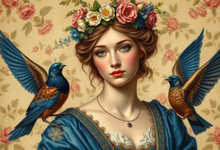 A classical-style painting featuring a beautiful young woman adorned with a floral crown and draped in an ornately embroided blue garment. She is surrounded by birds. The background is decorated with a floral pattern, and birds are detailed with blue and brown feathers, adding a natural element to the composition. The overall scene evokes a sense of antiquity and artistic elegance, blending human and nature elements in a historical art style. luc14nn4