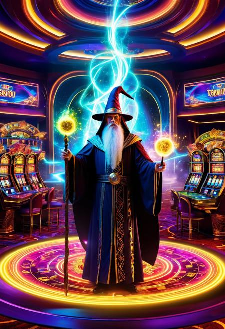 abstract artwork, A wise wizard stands in a Casino filled with ancient tomes and glowing artifacts, casting a magical spell with their staff and surrounded by a swirling dance of colorful energy, while playing rouette, the piece is reminiscent of futuristic designs and CGI art, sinister