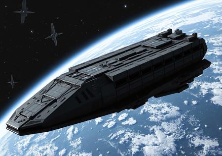 Giant starship floating through space. 1 kilometer long. Comprised of hundreds of uniform cargo containers. A hanger is built into the front half of the ship.  The ship is black and grey with a very austere and angular shape. 