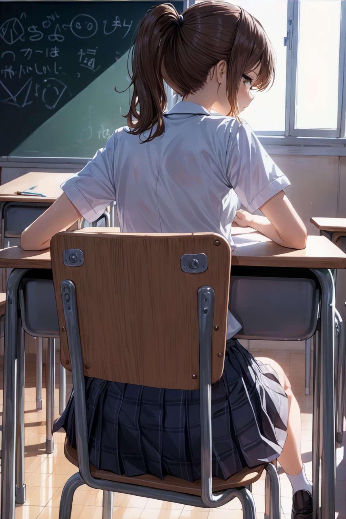 1girl, solo, brown hair, ponytail, school uniform, looking back, from behind, sitting on chair, desk, classroom, black boa...