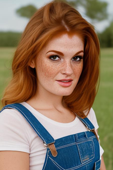 photography of an (closeup portrait) woman, realistic <lora:FayeReagan5:1>  wearing overalls on farm, vibrant colors (freckles:0.7)