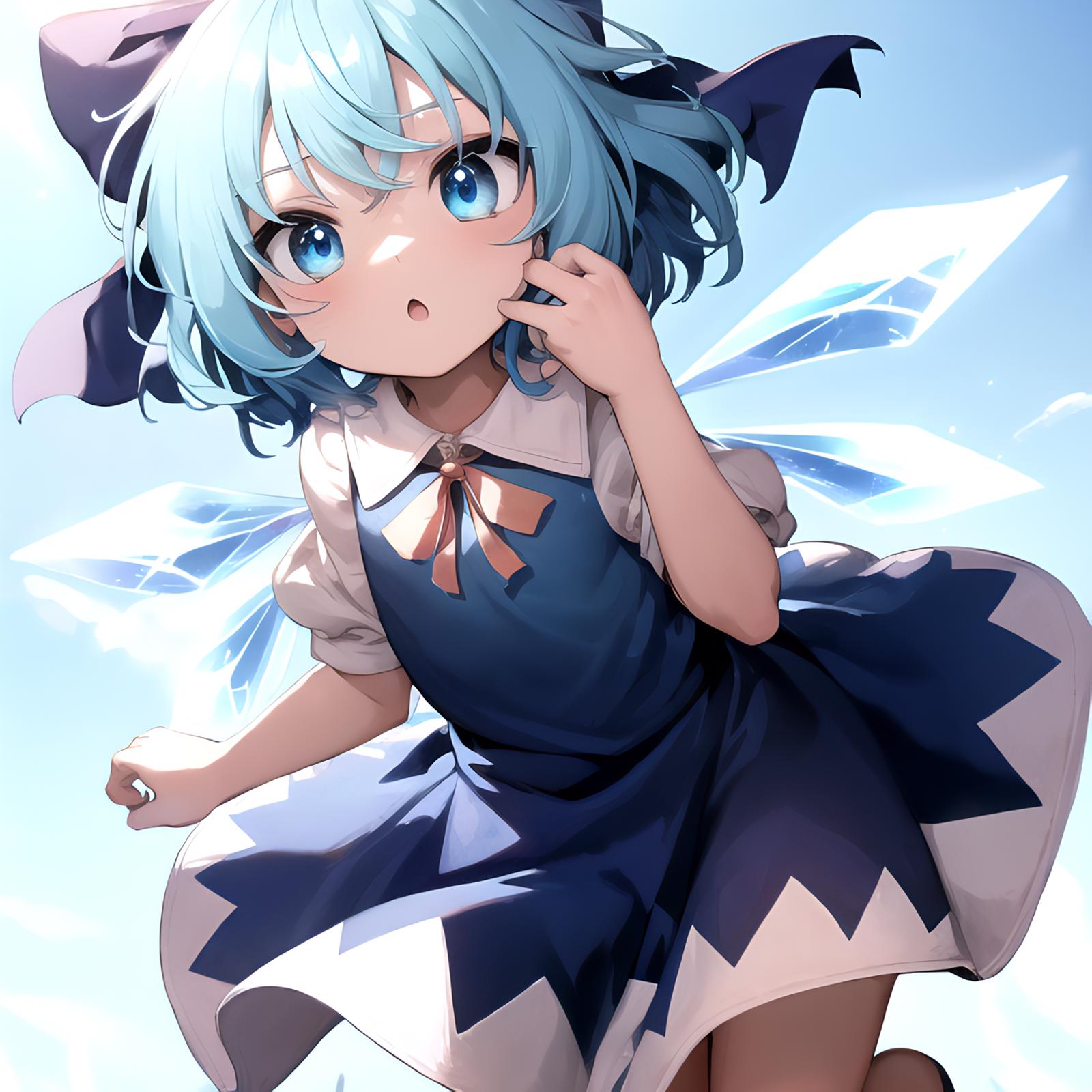 (SLE, mksks style),   <lora:cirno:0.7>, cirno 4rt, blue hair, blue bow, blue dress, ice wings,  AS-YoungerV2