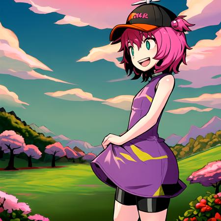 masterpiece, best quality, highres, 1girl, solo, dress, bike shorts, cowboy shot, open mouth, smile, sleeveless, purple dress, baseball cap, shorts under dress, standing, outdoors, sleeveless dress, black headwear, tongue, teeth, :d, bangs, bare arms,  <lora:KeksandraClover:1>, cherry blossom, pink sky, pink clouds,  <lora:gyokai:0.8>, from side,  <lora:HakikaStyle:0.8>