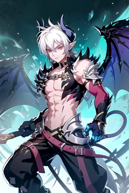 <lora:DioBurningCanyon-08:0.7> ,diogc, solo, 1boy, tail, weapon, white hair, male focus, wings, horns, pants, armor, spiked hair,  claws, demon wings, monster boy, dragon wings, dragon boy