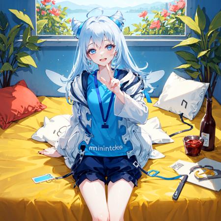 (masterpiece, best quality),smile,open mouth,bed,pillow,long hair,close-up  ,cowboy shot,looking at viewer,blue shorts,(1girl),miyouji ,white hair,blue eyes,white jacket,cone hair bun,blue shirt,id card necklace,id card, ahoge,sitting,  <lora:miyouji-05:1>