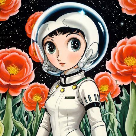 (Anime:1.1), 
dream fantasy, a woman standing wearing a space suit, surrounded by large bulbous glowing flowers, night time, alien planet, ominous glow, large cartoon eyes, perfect face, full lips, detailed features,

anime style 80, 
 

(anime by Osamu Tezuka, 80s, big eyes, illustration,:1.1), manga,
(film still, image still),

complex stuff background, 