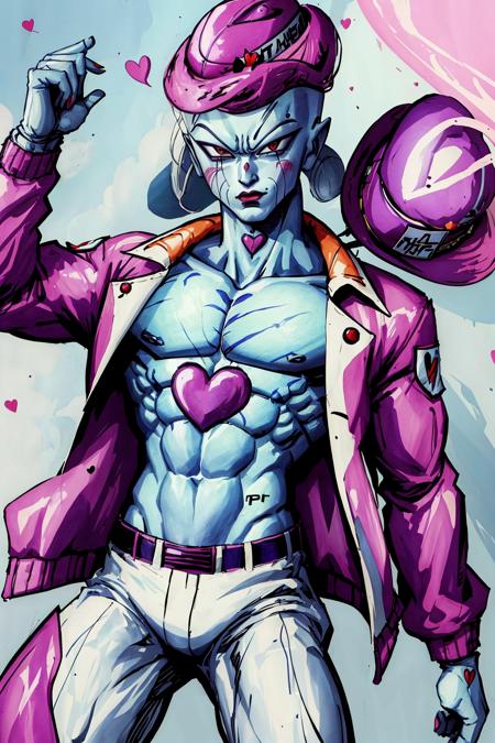 (frieza:1.1), (madmo-fc:1), <lora:madmo-fc-v1:0.6>, <lora:Frieza:0.6>, (jacket:1.2), (hat:1.4), solo, (makeup:1.1), bald, (colored skin:1.3), anime absurdres illustration, drawing, (lineart:0.6), tattoos, heart tattoo, mini hat