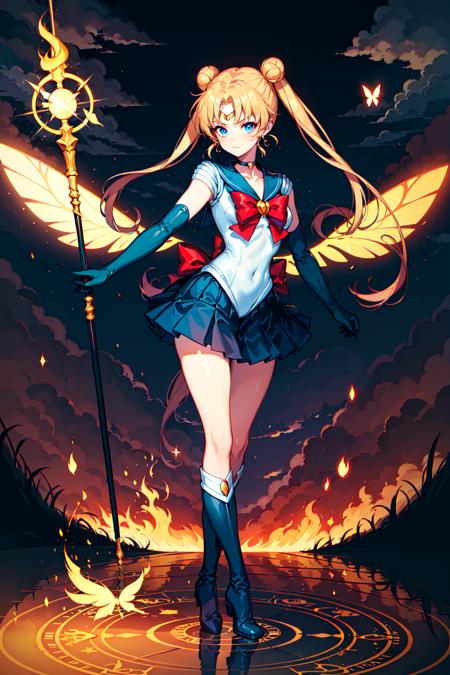 Hellscape Sailor Moon,  1girl,  solo,  looking at viewer,  blue eyes,  skirt,  blonde hair,  gloves,  bow,  holding,  twintails,  jewelry,  standing,  full body,  weapon,  pleated skirt,  earrings,  boots,  wings,  sky,  choker,  elbow gloves,  cloud,  sailor collar,  hair bun,  red bow,  blue skirt,  double bun,  magical girl,  knee boots,  fire,  blue sailor collar,  crescent,  staff,  brooch,  reflection,  blue footwear,  wand,  magic circle,  sailor senshi uniform,  ripples,  holding wand,  butterfly wings,  crescent earrings, <lora:EMS-58768-EMS:0.500000>