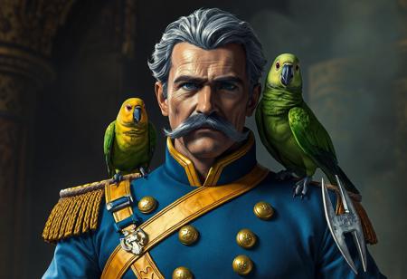 Distinguished power man in blue uniform with yellow belt, gray hair, mustache, green parrot on shoulder, silver pliers. Final Ritual of the Ancients background. Raphael style, Octane Render, Unreal Engine 5, CGSociety, trending on Artstation, 4k, high-res, detailed face/eyes, lifelike, impeccable composition, captivating lighting, golden ratio, splash ink illustration.