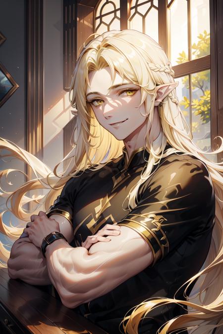 1boy, platinium blonde hair, long hair, yellow eyes, pointy ears, head wreath, golden necklace, armlet,