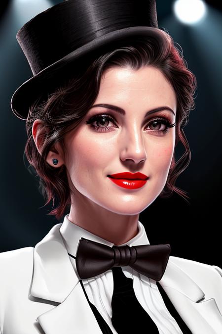 photo of a woman, juliab, ((wearing a tuxedo jacket, shirt, bowtie, top hat, short hair):1.1), ((closeup, portrait)),((on stage, spotlights):1.2), ((red lipstick, makeup)), (smile), ((best quality, masterpiece, extreme details, high resolution):1.2),((detailed eyes, beautiful eyes, detailed face, beautiful face):1.2)