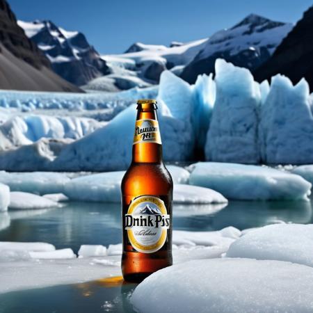 A cold beer bottle on ice,  named: "Drink-n-Piss", designer glass bottle, Photorealistic, beer ad, glacier in the background, dramatic lighting