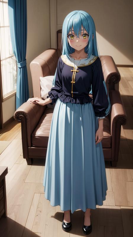 (masterpiece,  best quality),  ray tracing,  absurdres,  HDR, rimuru tempest, coleus, light blue hair, 1girl, long hair, yellow eyes, breasts,cowboy shot, looking at viewer, ,smile, long sleeves,  bangs, standing ,, closed mouth, skirt, hair between eyes, long skirt, solo,Mary Jane shoes, full body,blush,indoors,living room,sofa,<lora:rimuru coleus_v3:0.8>