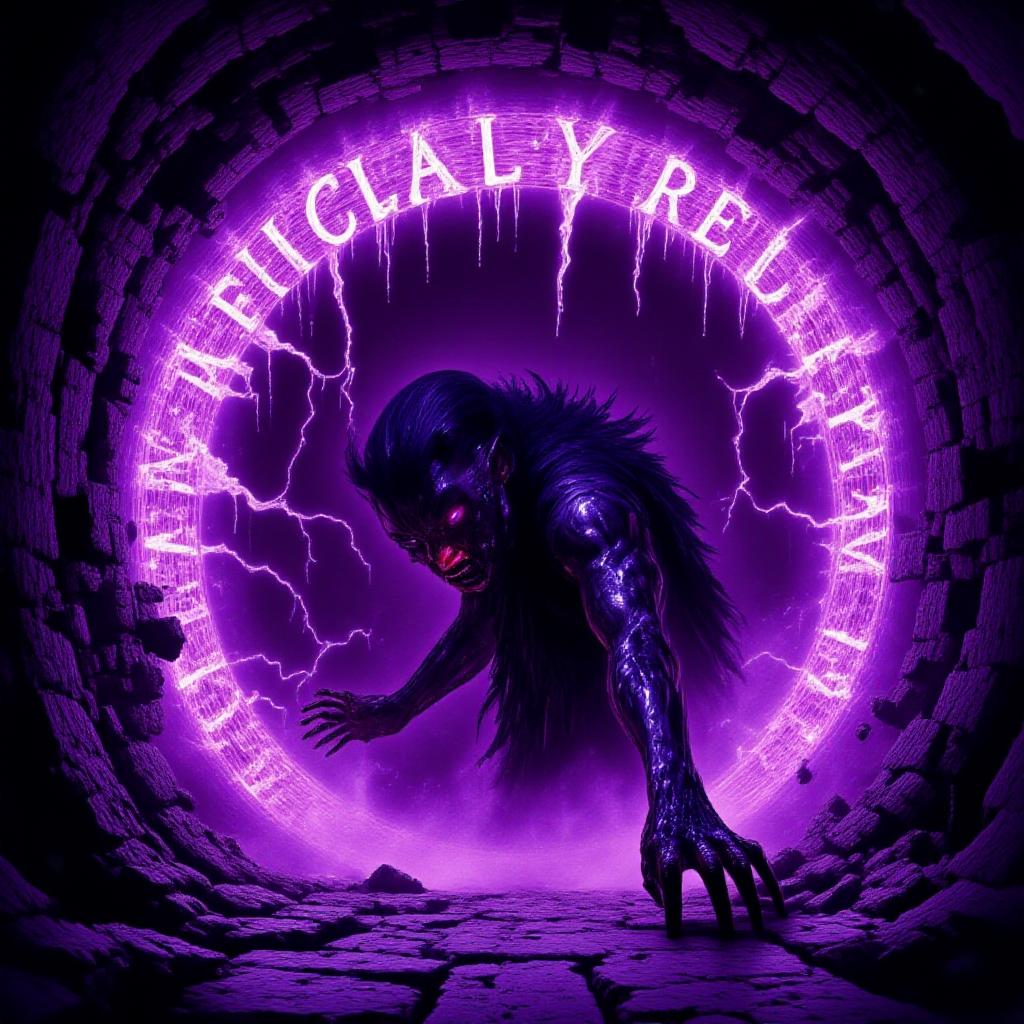 The text in oversized glowing font reads: "Artificial Reborn".,
A devil crawls through a hellscape,a glowing and crackling ring of power emanates around her form as she drags herself through an obsidian gate emanating a sickly neon purple and black. Her arms are clawing towards the viewer and her body is desperate for release,blood digging from beneath her fingernails. A dramatic masterpiece of a scene,realistically rendered with a haunting sensibility evoking visions of wonder,magic,and possibility with a sense of impending doom,as if a gorgeous creature is nearing an impending snare with a dark fantasy sensibility.,
<lora:ImageUpgraderV2:1>,<lora:sxz-Dark-Fantasy-v2-Flux:0.6>,<lora:Lovecraftian_Nightmare_Landscapes:0.6>,<lora:Cinematic_style:1>,